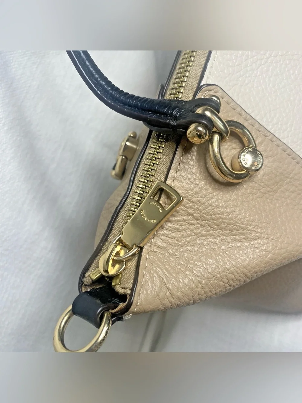 Coach Tri-Tone Leather Satchel - Cream, Tan & Navy